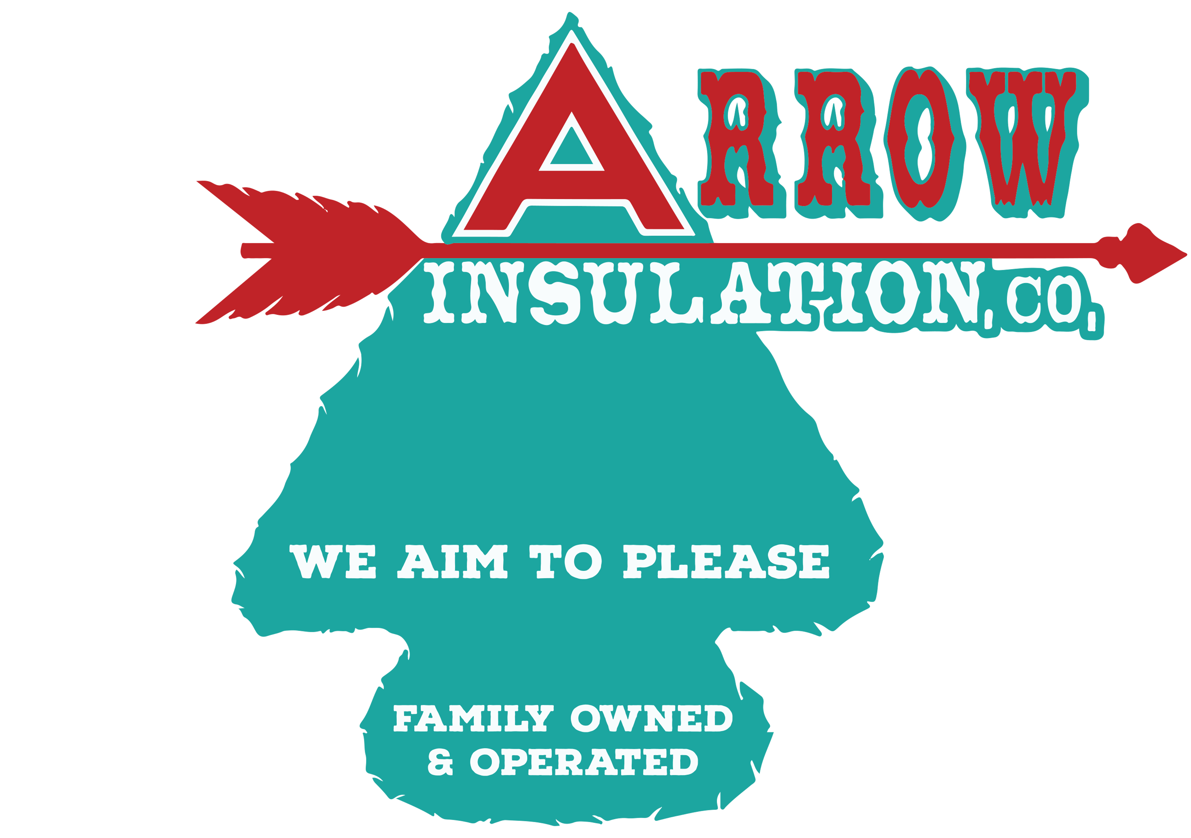 Logo for Arrow Insulation Co., an insulation contractor, featuring a red arrow above bold text. A teal tree shape displays We aim to please and Family owned & operated in white. The design seamlessly blends rustic charm with a family-oriented theme.